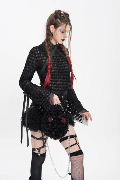 Black Stand Collar Long Sleeves Mesh Buckle Straps Women's Punk Blouse