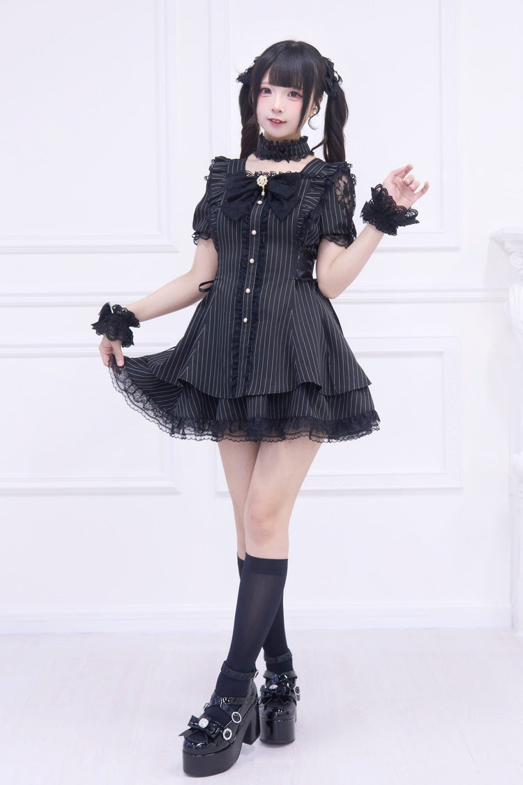 Black [Waltz] Short Sleeves Stripe Print Ruffle Bowknot Gothic Jirai Kei Japanese Dress Set