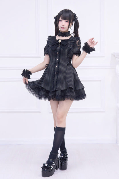 Black [Waltz] Short Sleeves Stripe Print Ruffle Bowknot Gothic Jirai Kei Japanese Dress Set