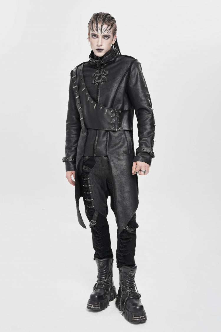 Black Stand Collar Rivet Buckle Zipper Men's Punk Coat