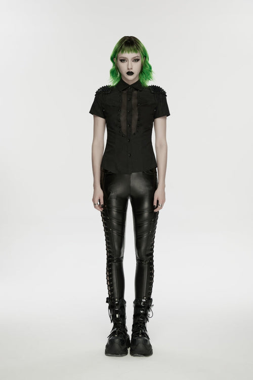 Black Studded Women's Punk  Drawstring Leggings
