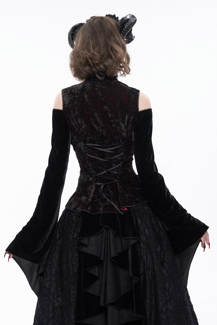 Black/Red Velvet Off-The-Shoulder Cutout Metal Button Flared Sleeve Lace-Up Women's Gothic Shirt