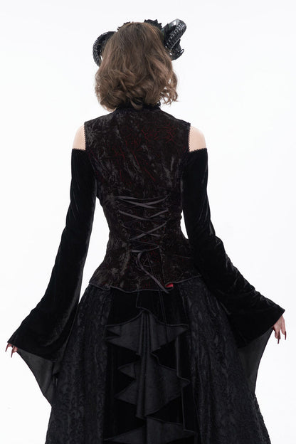 Black/Red Velvet Off-The-Shoulder Cutout Metal Button Flared Sleeve Lace-Up Women's Gothic Shirt