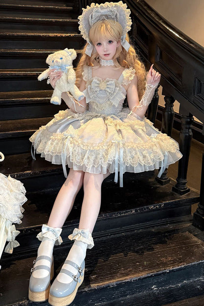 Blue [Blossoming Heart Love ] Sleeveless Dark Jacquard Print Bowknot Lace Sweet Lolita Jsk Dress