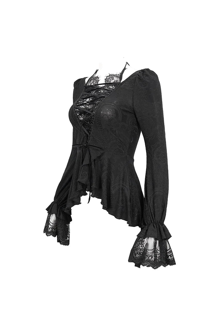 Black Ruffled Lace Splice Women's Gothic Shirt
