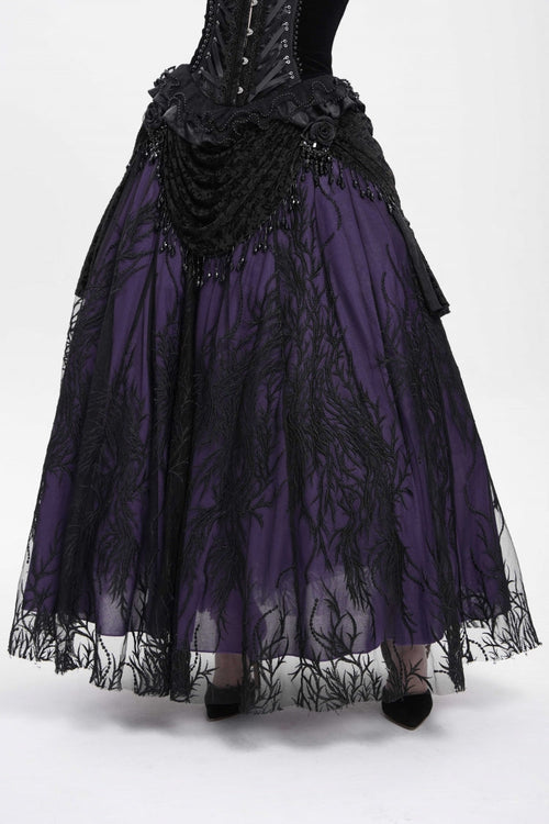 Black/Purple Floral Embroidered Beaded Women's Gothic Long Skirt