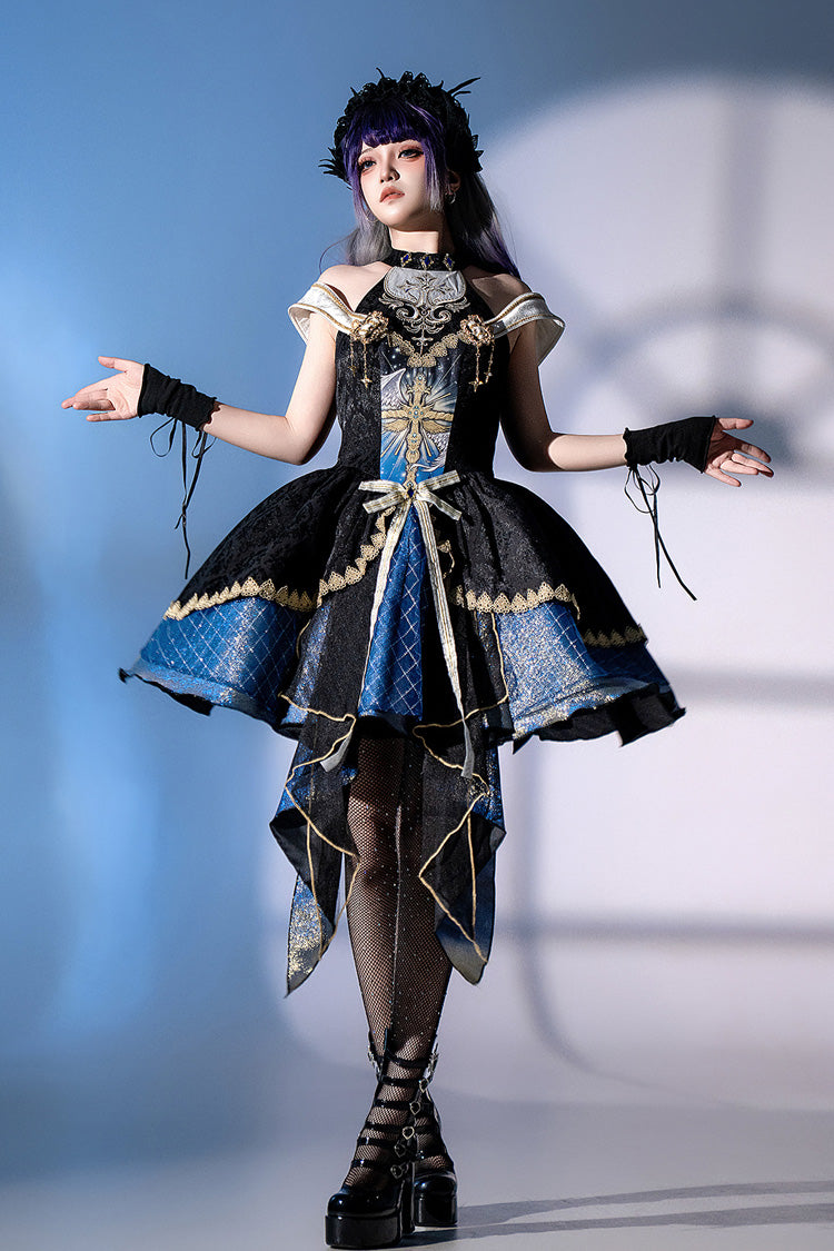 Black/Blue [Universe] Off Shoulder Halterneck Sleeveless Print Embroidery Cardigan Gothic Princess Lolita Dress