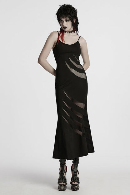 Black Sleeveless Stitching Mesh Women's Punk Fishtailed Honeymoon Slip Dress