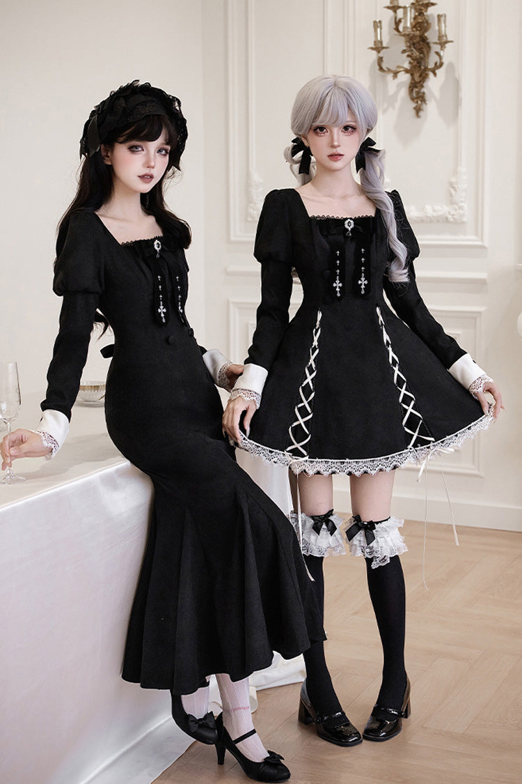Black/White [Rose Doll] Square Collar Long Sleeves Bowknot Lace-Up Gothic Lolita Dress Set 2 Versions