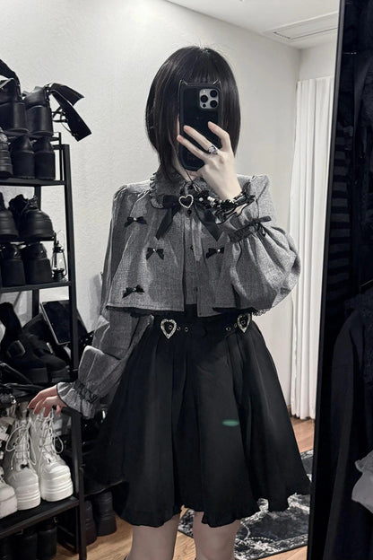 Black/Grey Long Sleeves Ruffled Double Heart Buckle Japanese Jirai Kei Set