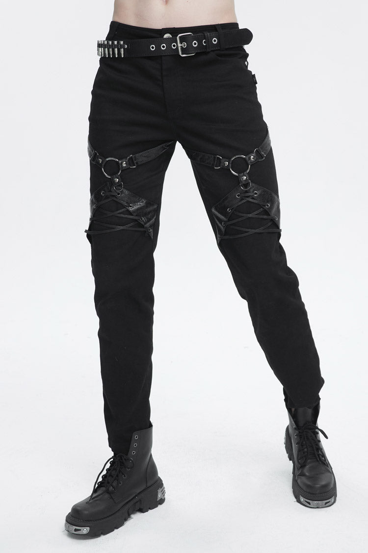 Black Thigh Position Buckle Splice Men's Punk Pants