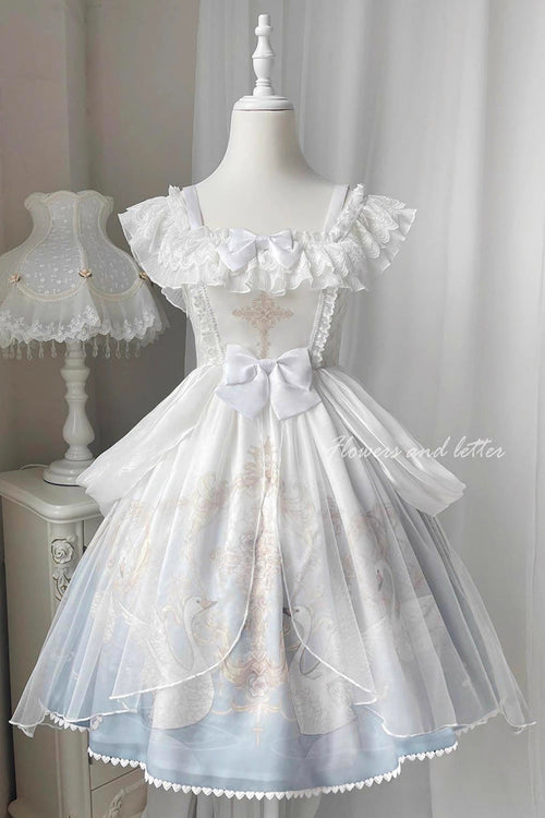 White/Blue [Flower and Letter] Swan Lake Print Ruffle Bowknot Elegant Lolita Jsk Dress