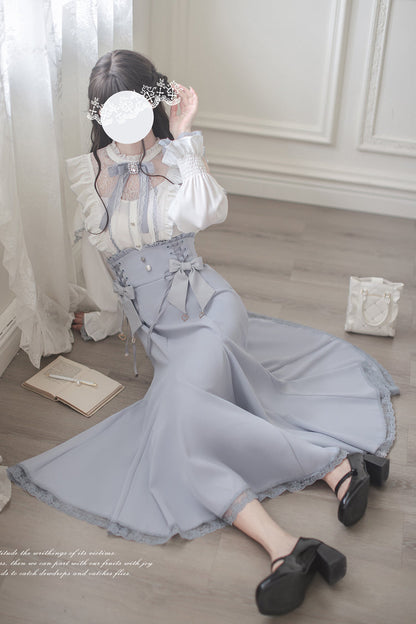 Blue Ruffle Bowknot Slim Sweet Elegant Lolita Fishtail Skirt Dress