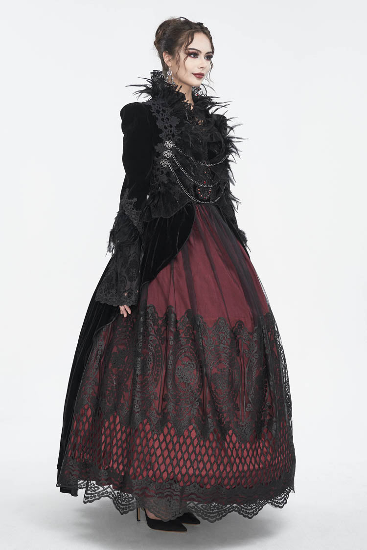 Black Stand Collar Trumpet Sleeves Embroidery Stitching Lace Women's Gothic Jacket