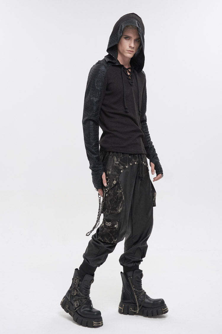 Black Trendy Dark Tether V-Neck Panel Knit Hooded Men's Punk T-Shirt