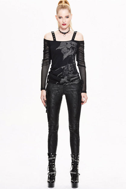 Black Skull Print Long Sleeves Drawstring Halter Cotton Women Punk T-Shirt