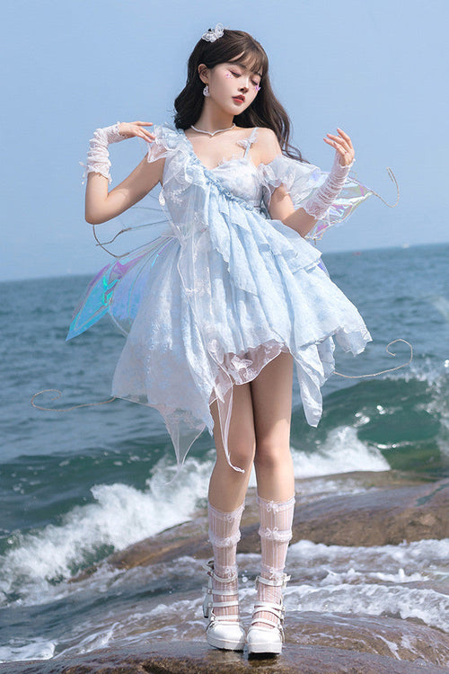 Blue [Summer of Bubbles] Sleeveless Ruffle Embroidery Lace Irregular Short Sweet Lolita Jsk Dress