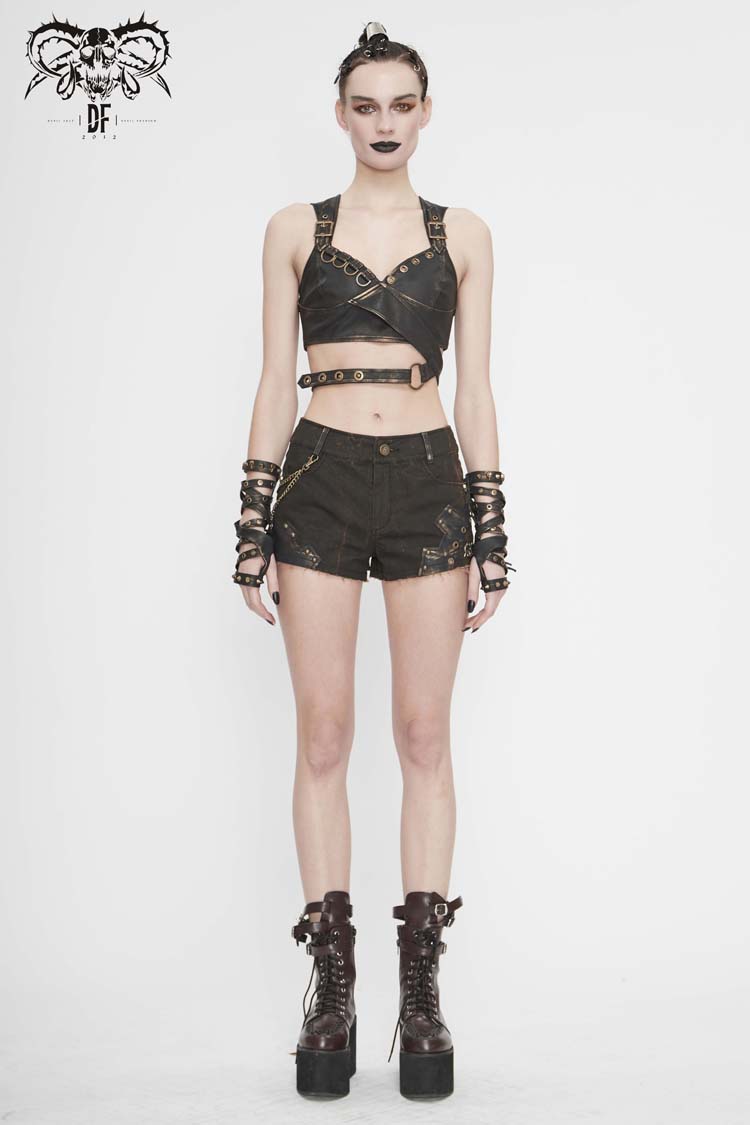 Brown Vintage Hand Wiped Leather Shoulder Loop Backless Lace Up Short Women's Punk Waistcoat