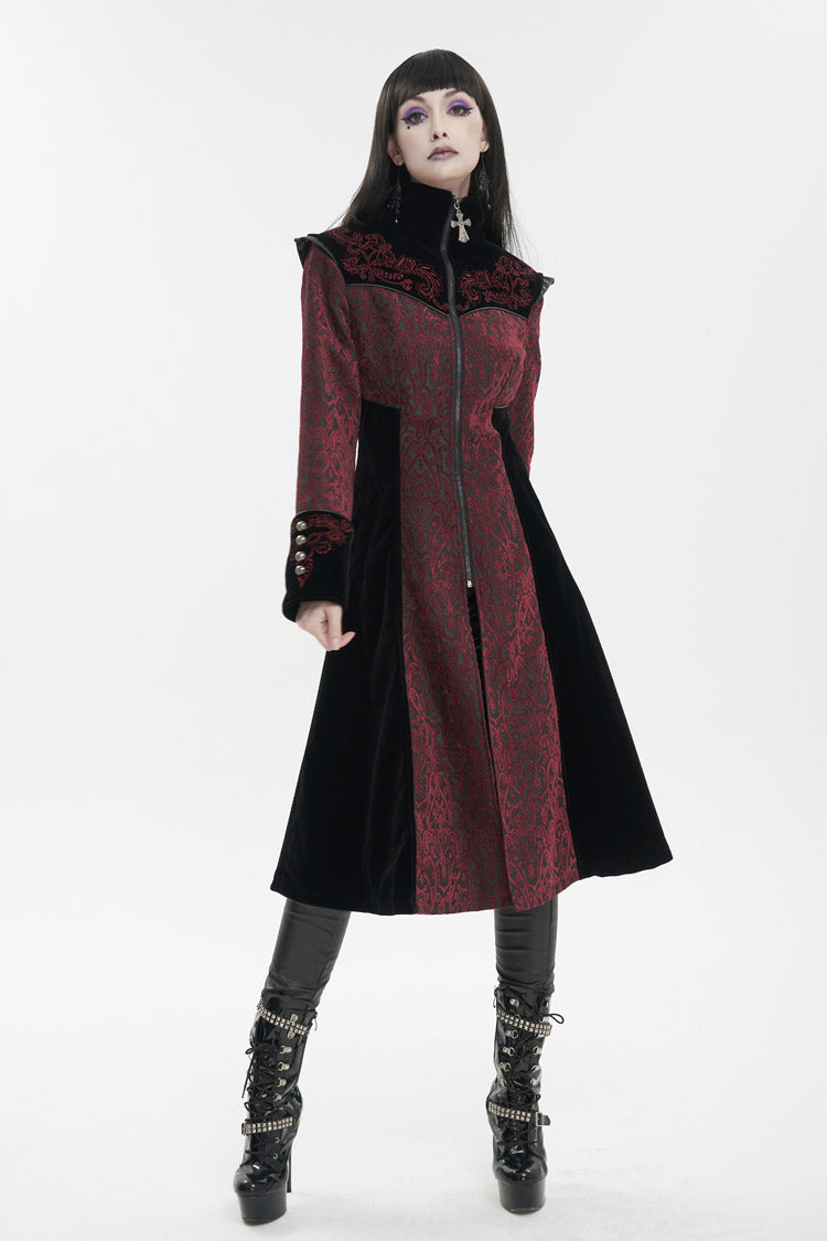Red Jacquard Studded Mushroom Buckle Metal Cross Embroidered Women's Gothic Coat
