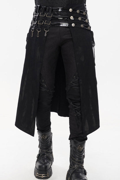 Black Punk Patent Leather Paneled Belt Irregular Print Metal Men's Skirt