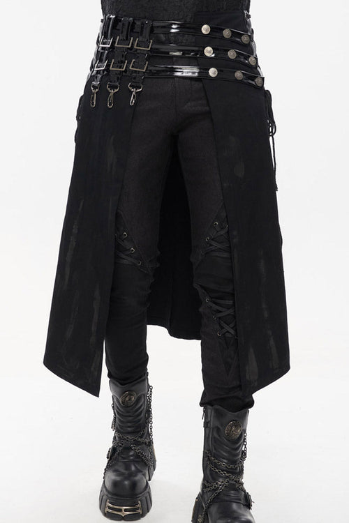 Black Punk Patent Leather Paneled Belt Irregular Print Metal Men's Skirt