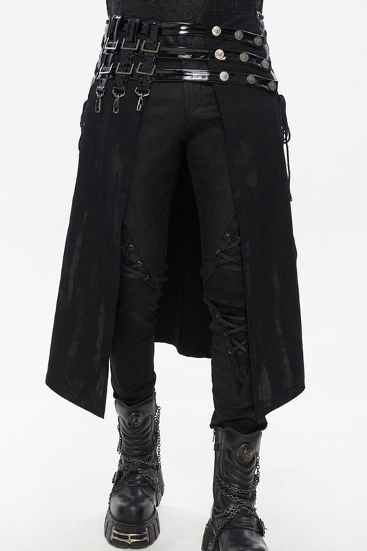 Black Punk Patent Leather Paneled Belt Irregular Print Metal Men's Skirt