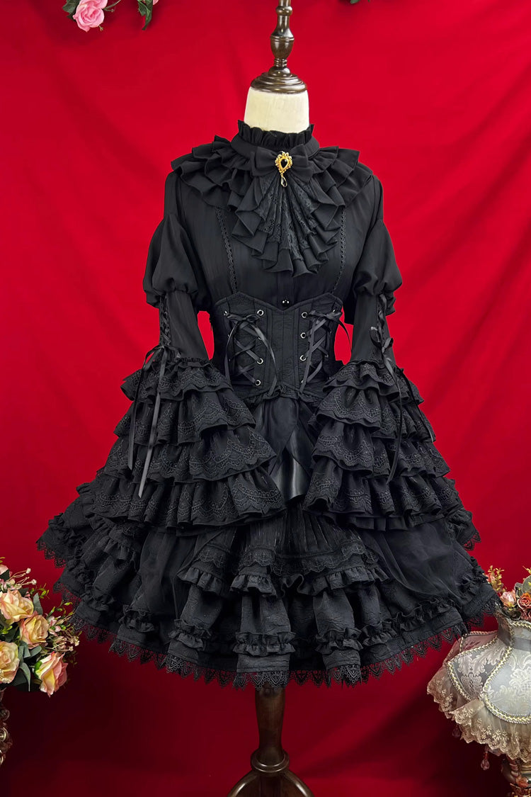 Black [The Angel of Good and Evil] Multi-Layered Ruffled Lace Gothic Elegant Lolita Skirt (Corset Belt Included)