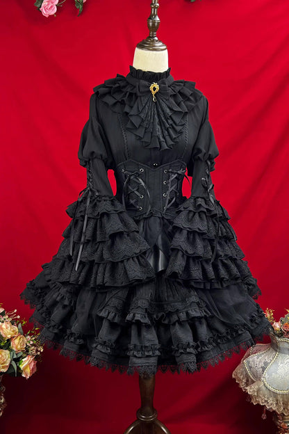 Black [The Angel of Good and Evil] Multi-Layered Ruffled Lace Gothic Elegant Lolita Skirt (Corset Belt Included)