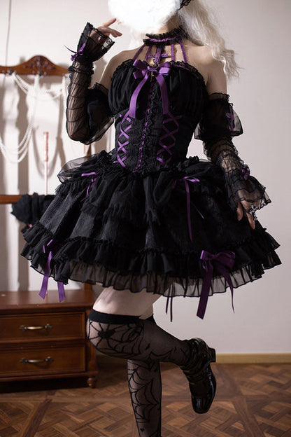 Black Purple Tube Top Sleeveless Blowknot Ruffled Gothic Lolita Tiered Dress