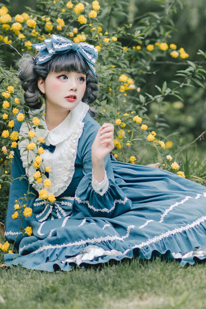 Blue Long Sleeves Bowknot Ruffled Multi-Layer Classic Lolita Op Dress