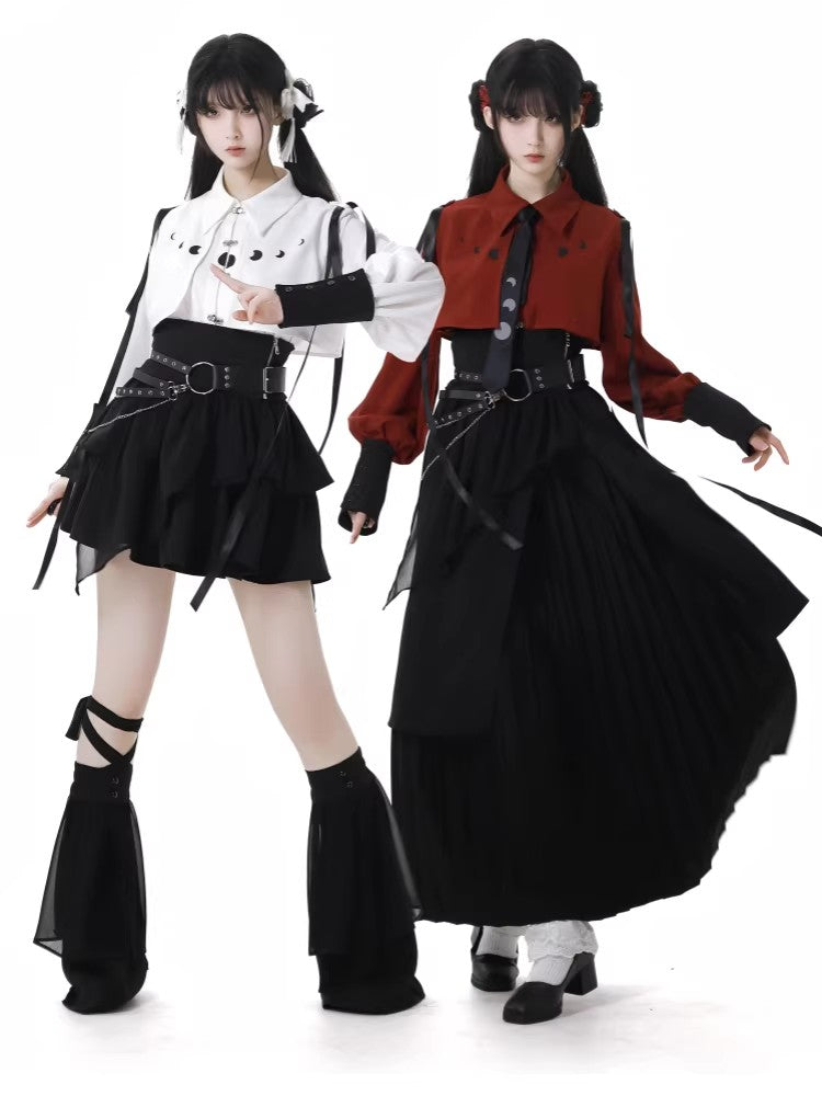White/Black [Moonlight Flowing] Long/Short Sleeves Ruffled Asymmetric Gothic Jirai Kei Skirt Set