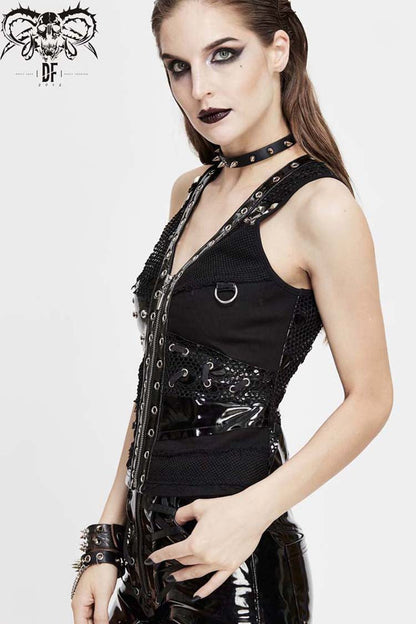 Black V Neck Splice Mesh Asymmetrical Design Heavy Metal Women's Punk Waistcoat