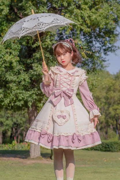 Pink/White [Little Florist] Long Sleeves Ruffle Bowknot Lace-Up Sweet Plus Size Princess Lolita Dress