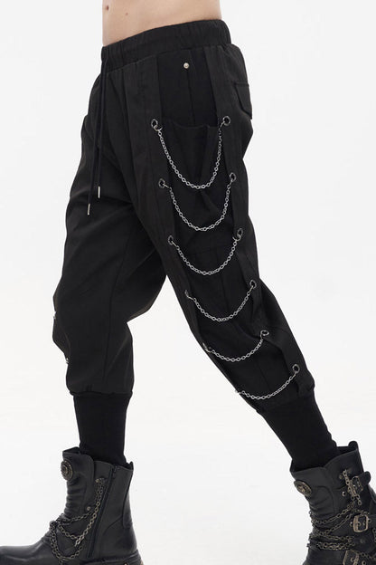 Black Punk Big Pocket Symmetrical Metal Chain Harem Men's Pants