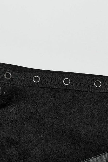 Black Sleeveless Hollow Suede Leather Stitching Irregular Mens Gothic Vest