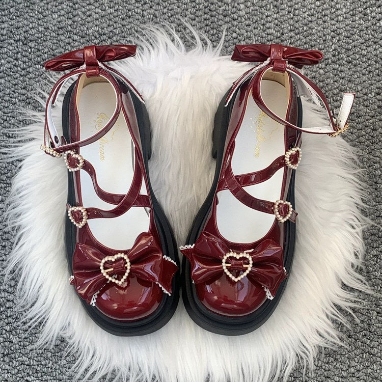 Wine Red Synthetic Leather Cross Straps Bow Lolita Shoes