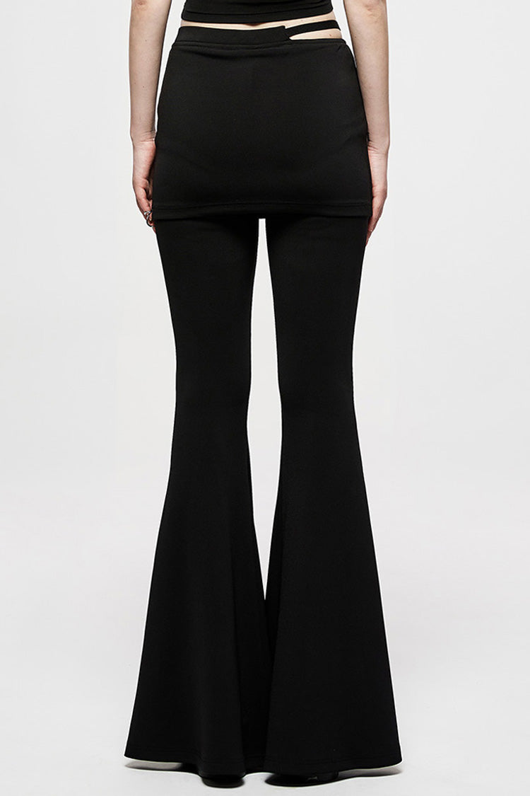 Black Retro Style Dark Plaid Side Shaped Rubber Buckle Decoration Perspective Flare Women's Punk Pant