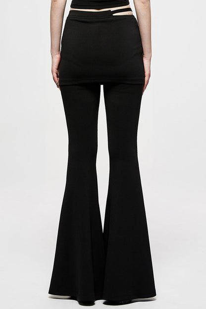 Black Retro Style Dark Plaid Side Shaped Rubber Buckle Decoration Perspective Flare Women's Punk Pant