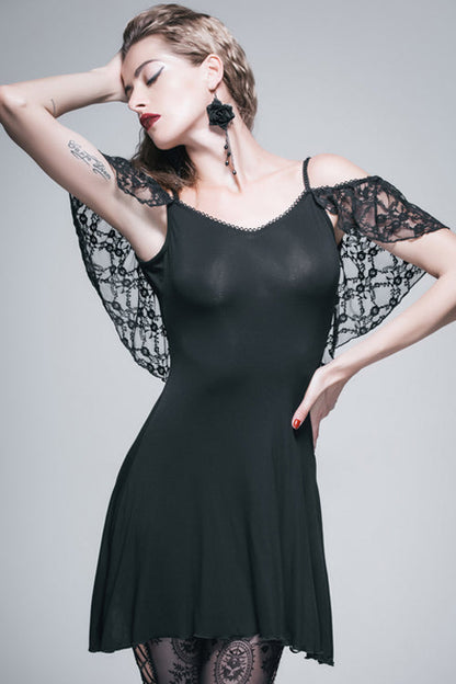 Black Sexy Rose Lace Tassel Back Over Hip Womens Long Gothic T-Shirt