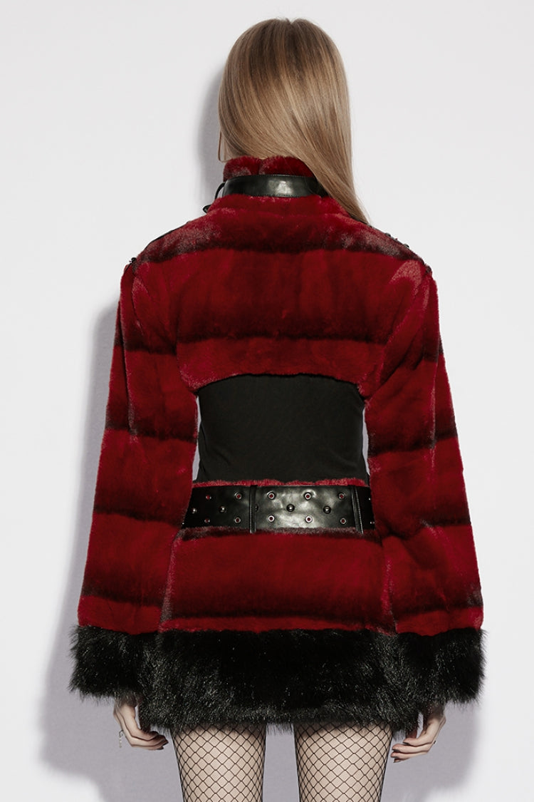 Red Stand Collar Long Sleeves Buckle Straps Faux Fur Women's Punk Short Cloak
