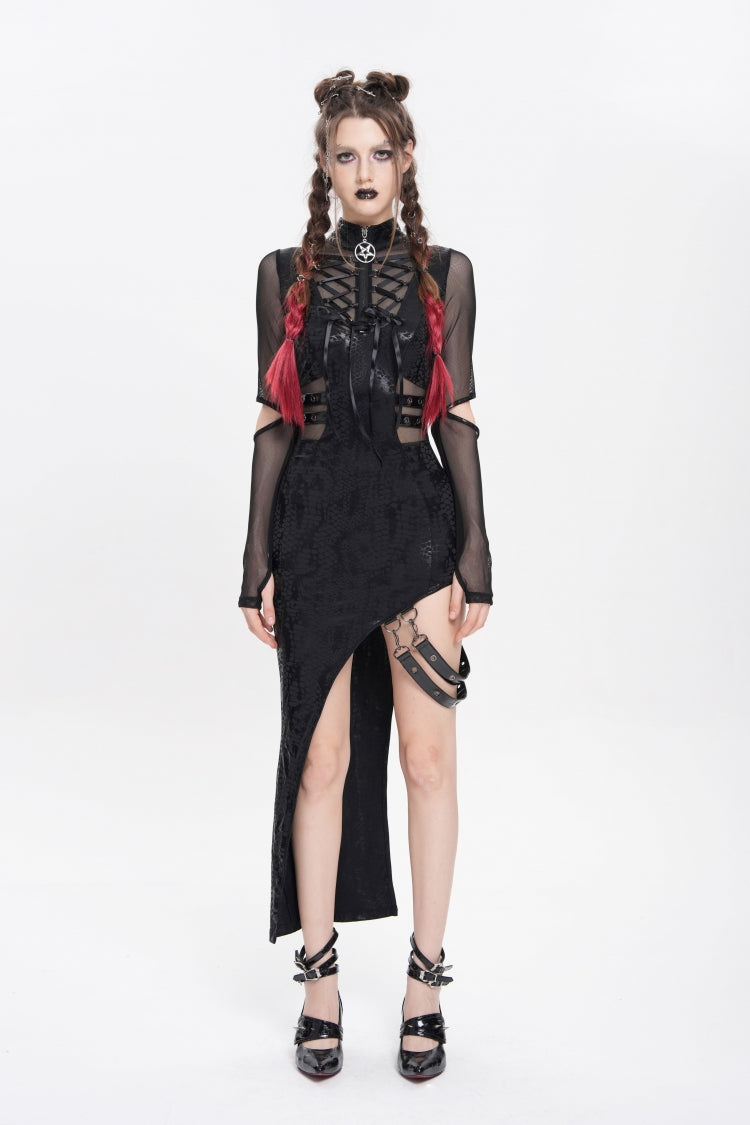 Black Stand Collar Long Sleeves Stitching Lace-Up Mesh Women's Punk Dress with Detachable Strap