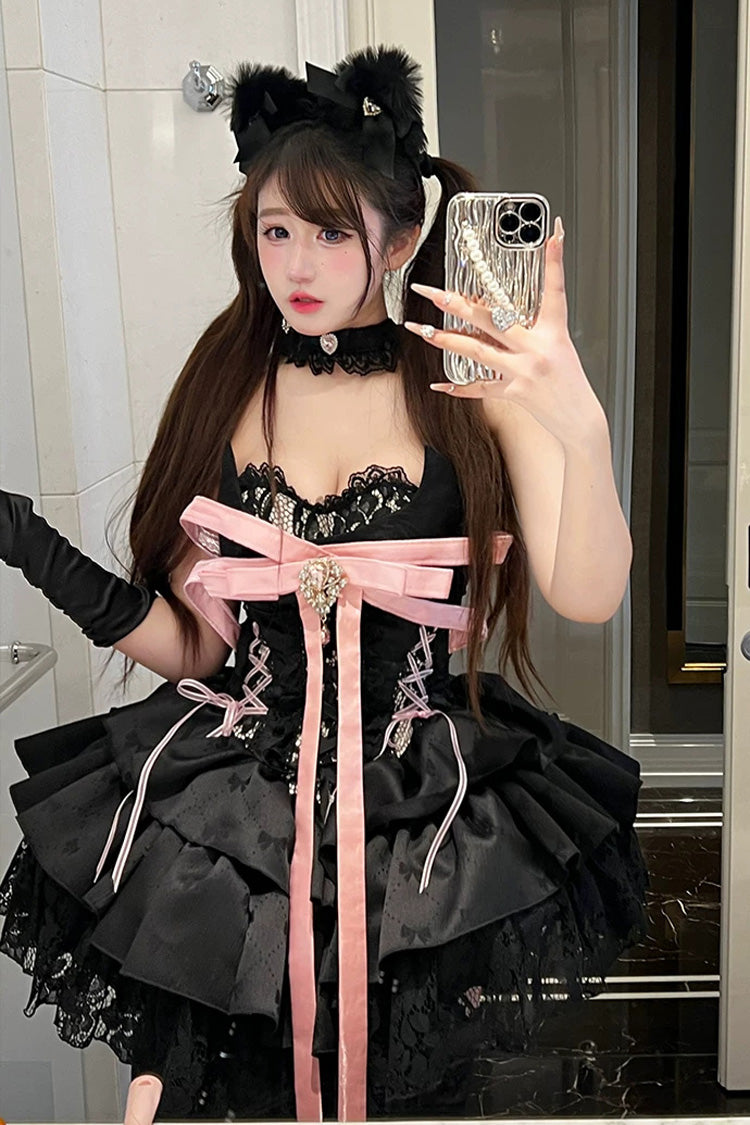 Black [Kitten Sweetheart] Multi-Layered Ruffled Bow Lace-Up Princess Ballet Gothic Lolita Jsk Dress