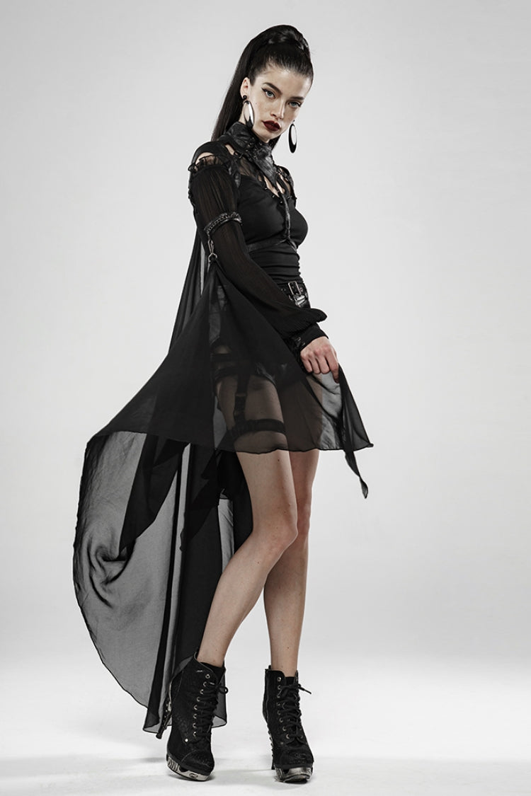 Black Stand Collar Sleeveless Metal Buckle Leather Strap Womens Gothic Cloak