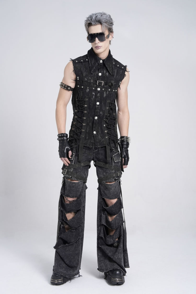 Black Sleeveless Studded Lace-Up Men's Gothic Distressed Vest