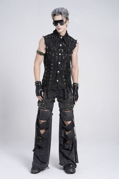 Black Sleeveless Studded Lace-Up Men's Gothic Distressed Vest