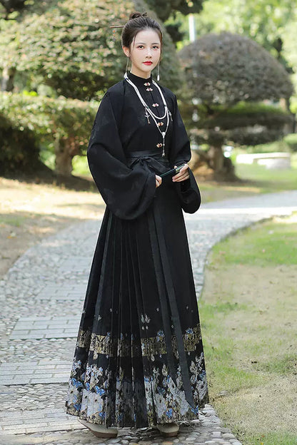 Black Stand Collar High Waisted Print Women's Classic Chinese Style Hanfu Skirt With Blouse