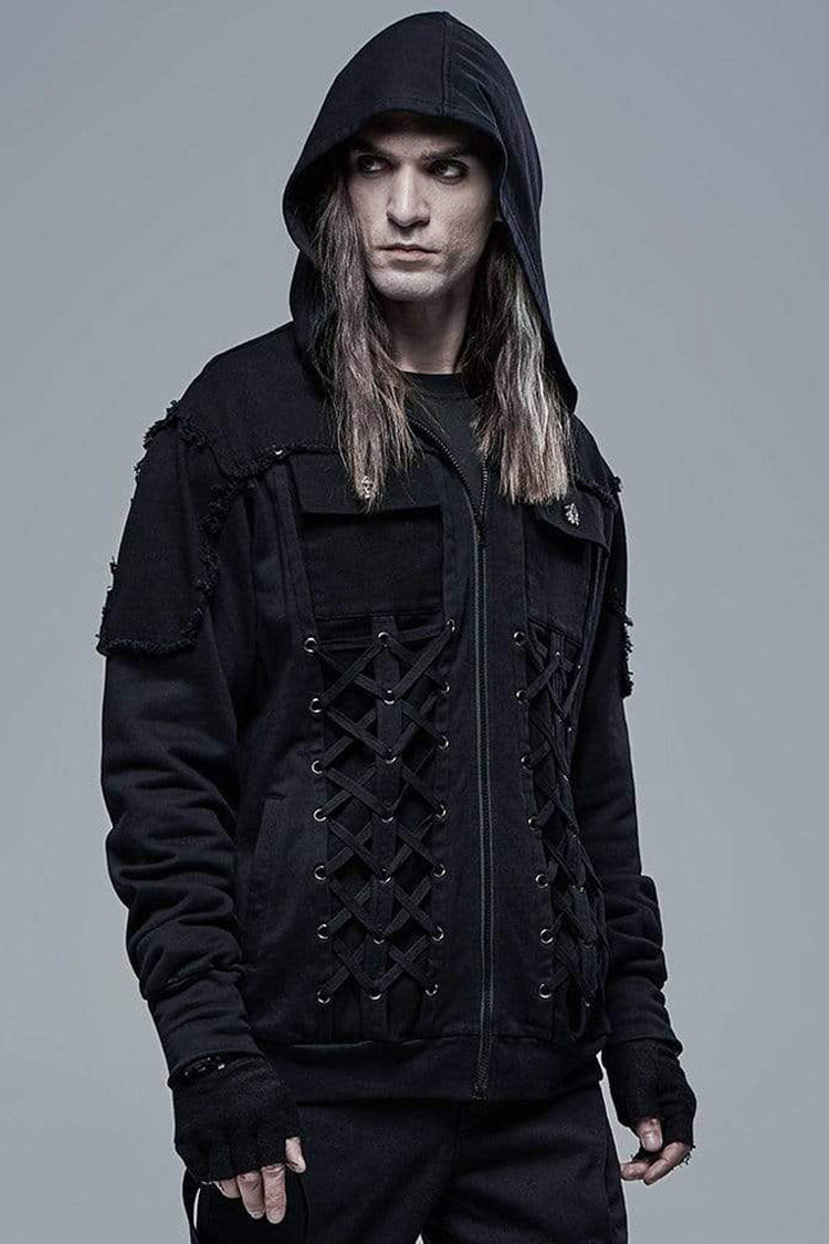 Black Punk Front Lace Up Decoration Long Sleeve Knit Hoodie Men's Coat