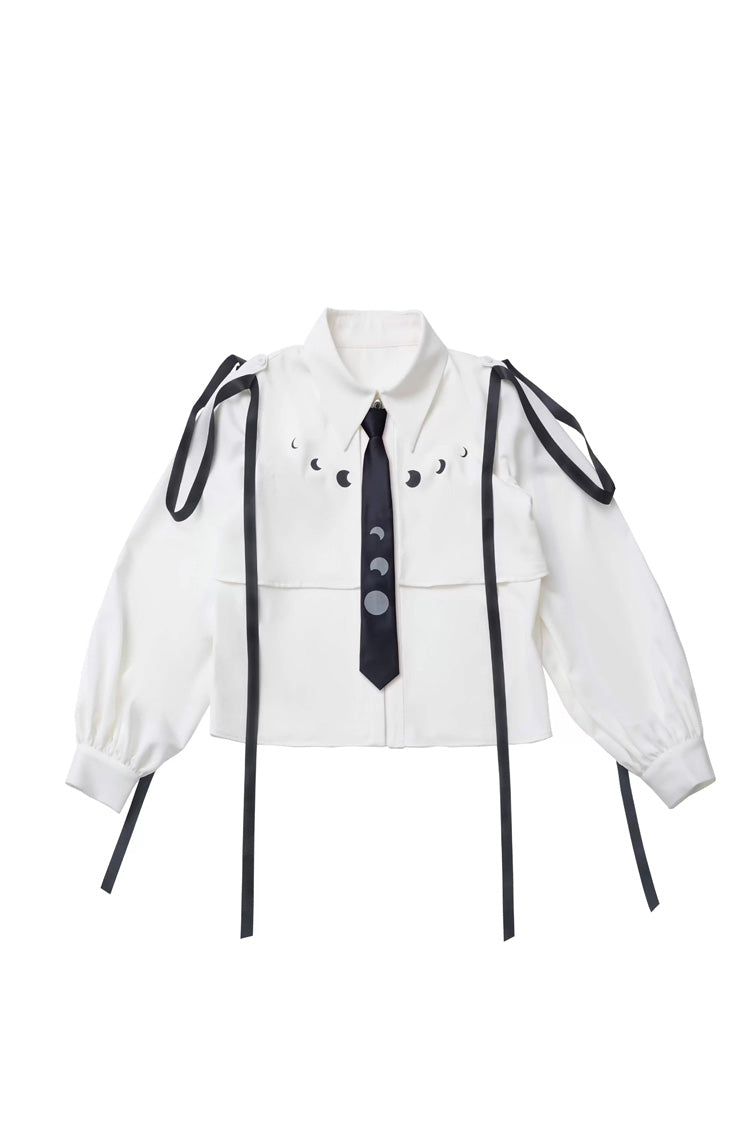 White/Black [Moonlight Flowing] Long/Short Sleeves Ruffled Asymmetric Gothic Jirai Kei Skirt Set