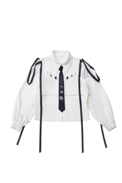 White/Black [Moonlight Flowing] Long/Short Sleeves Ruffled Asymmetric Gothic Jirai Kei Skirt Set