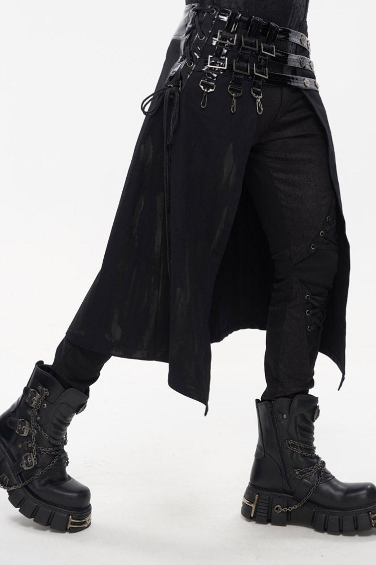 Black Punk Patent Leather Paneled Belt Irregular Print Metal Men's Skirt